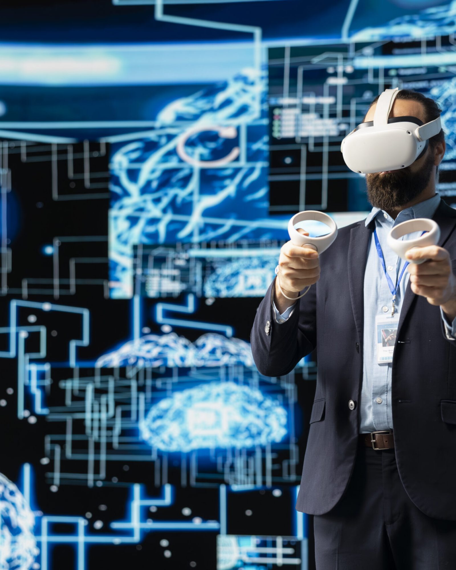 IT engineer works with vr headset and artificial intelligence brain, employs algorithmic programming within a futuristic interface for digital transformation and deep learning. AI ethics.