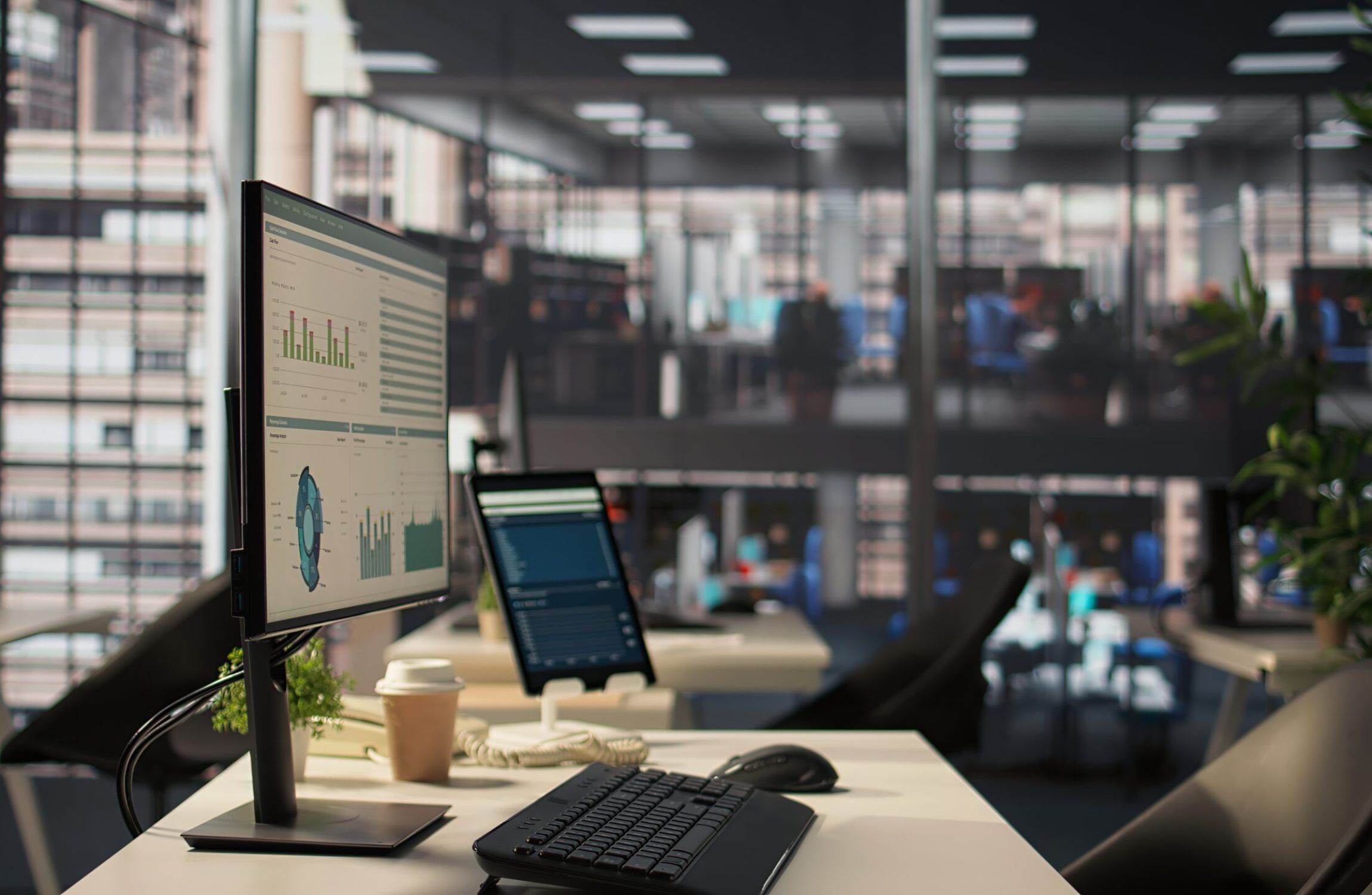 Luxurious business environment used in corporate culture and the industry, office space equipped with professional high tech tools and cubicles. Executive power in a modern company headquarters.